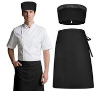 DiULi Medio Delantale Largo, Chef Delantal de Cintura, Delantal de Cocina Ajustable y Gorro de Cocinero, Mandil Camarero Unisex con Bolsillo, Adecuado para Cocinar en Casa y Restaurantes (Negro-2pcs)