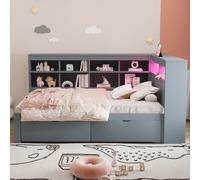 Diván-cama okwish de 90x200 cm, sofá cama, cama individual multifuncional con puertos USB, enchufes, estanterías, sin colchón, color gris