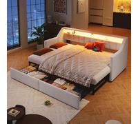 Diván de Lino con USB y LED, Cama Nido Extensible, Beige, 90x200 cm