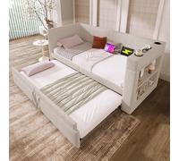 Diván Tapizado de Lino, Sofá Cama con Cama Nido y USB, Beige, 90x200 cm