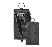 Divergent Retail Organizador de llaves de cuero para hombre, 6 ganchos, bolsillo para monedas con cremallera, ranuras para tarjetas y llavero, cartera de cuero granulado, caja de regalo, color negro