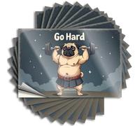 Divertida pegatina para decoración de bar al aire libre, fácil de aplicar, «Go Hard: The Muscular Pug's Fitness Journey Happy Window Peel and Stick» (6 x 9 cm)