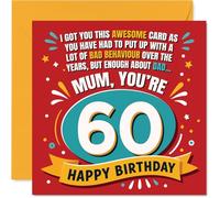 Divertida tarjeta de cumpleaños 60 para mamá, texto divertido con texto en inglés "Mum, You're 60" con colores llamativos de celebración, cuadrado de 145 mm, sobre incluido