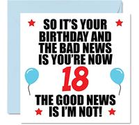 Divertida tarjeta de cumpleaños número 18 para hombres y mujeres, malas noticias, tarjetas de feliz cumpleaños para hijo de 18 años, hija, hermano, hermana, primo, amigo, tarjetas de felicitación de