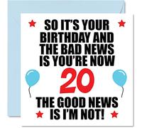 Divertida tarjeta de cumpleaños número 20 para hombres y mujeres, malas noticias, tarjetas de feliz cumpleaños para hijo de 20 años, hija, hermano, hermana, primo, amigo, tarjetas de felicitación de
