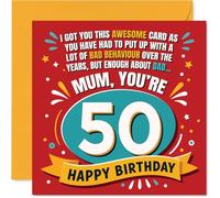Divertida tarjeta de cumpleaños número 50 para mamá, forma brillante y burbujeante de celebrar el gran 5-0, diseño de fiesta audaz y colorido con texto juguetón, cuadrado de 145 mm, sobre incluido