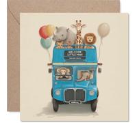 Divertida tarjeta para bebé con texto en inglés "Welcome to the World, Little Man", animales de safari en un autobús azul de dos pisos con globos alegres, cuadrado de 145 mm, sobre incluido