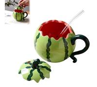 Divertida taza con diseño de sandía, con tapa y pajita; creativa taza de café 3D con forma de fruta y asa; vajilla novedosa de verano para el hogar u oficina; ideal para té, zumos, leche y agua.
