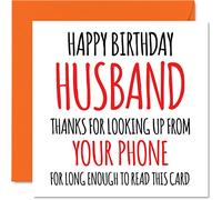 Divertidas tarjetas de cumpleaños para marido - Mira hacia arriba desde tu teléfono - Broma de feliz cumpleaños para marido de esposa, pareja de esposo, regalos de cumpleaños, 145 mm x 145 mm
