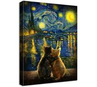 Divertido Gato Negro Abrazado Marco de Madera Cuadro Moderno Noche Estrellada Sobre el Ródano Lienzo Decorativos Pintura Imagen Van Gogh Cuadros Decoracion Salon Dormitorios Pasillo 30cmx40cm