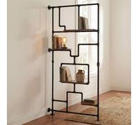 Divisores de espacio con estantería HWC-P10, estantería para salón, estante de almacenamiento, estilo industrial, metal y melamina, MVG, 203x100x20 cm, color marrón