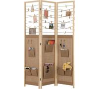 Divisorio de ambiente de 3 paneles, 120 x 170 cm, biombo divisor de ambientes de madera con 8 bolsillos de almacenamiento, 4 ganchos y 20 clips de madera. Separador de ambientes natural, plegable, ide