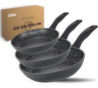 DIVORY Juego de sartenes de 3 piezas Sartén 20cm, 24cm, 28cm Inducción - Sartén universal grande con revestimiento antiadherente para todo tipo de cocinas - apto para lavavajillas (Mango: Negro)