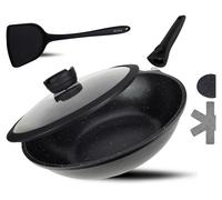 DIVORY - Sartén wok de 30 cm con tapa, mango desmontable, apta para inducción, revestimiento antiadherente. Incluye espátula para wok y protector de sartén