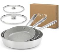 DIVORY Set sartenes inox 20/24/28 cm cerámica & 2 tapas de cristal | Sin PFAS ni PTFE - Set de 5 piezas - Sartenes & tapas de cristal al horno hasta 230 °C & aptas para lavavajillas