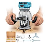 DIYTOOLIFZ Router compacto inalámbrico compatible con batería Ma-kita (solo herramienta), con base fija de enrutador de doble mango, enrutador de madera sin escobillas de 800 W 30000 rpm, 15 brocas de