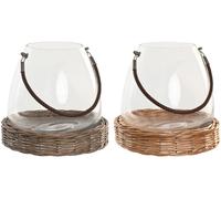 DKD Home Decor Portavelas de Cristal y Mimbre con Asa Natural