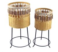 DKD Home Decor Set de 2 Maceteros de Bambú y Metal Marrón y Negro
