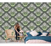 DLERFLOVR Papel Pared Panorámico Estampado Floral Retro Papel Pintado de Seda Cuadrícula De Ramo Póster Gigante 3D Decorativos de Pared para Dormitorio Pasillo, 250x175cm, Verde Oliva