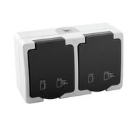Doble enchufe IP54 con superficie resistente al agua y al polvo, ideal para zonas exteriores y ambientes húmedos.