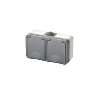 Doble enchufe IP54 de superficie Luxe, resistente al agua y al polvo, ideal para interiores y exteriores, proporciona conexión eléctrica segura.