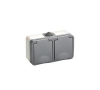 Doble enchufe IP54 de superficie, resistente al agua y polvo, ideal para exteriores y áreas húmedas.