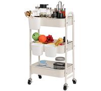 DOEWORKS Carrito Auxiliar con Ruedas Carrito de Almacenamiento Carrito Cocina con 3 Tazas, Carrito Metalico con Ruedas 3 Niveles Carro Rodante para Dormitorio Baño Dormitorio Oficina, Blanco