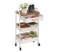 DOEWORKS Carrito Metalico con Ruedas Carrito de Almacenamiento con Cajón Carrito Cocina, Carro Servicio 3 Niveles Carrito Auxiliar con Ruedas y Mango Cuero para Baño Dormitorio Oficina, Blanco