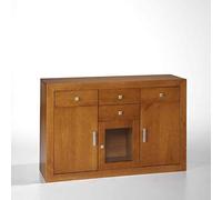 Dogar Moblit,Aparador Tres Puertas Cuatro Cajones, realizado en Madera de Pino Macizo Natural. Color Cerezo Claro, Serie Kalpe,Medida (86X130X42) Cm (Alto/Ancho/Fondo),Salon, Cocina,Entrada o Comedor