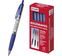 Dohe - Bolígrafos Retráctiles (12 uds.) - Tinta de Aceite Azul, Punta de Bola Gruesa 1 mm, Cuerpo Redondo de Plástico, Zona de Agarre de Caucho, Material de Oficina