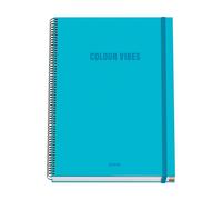 Dohe - Cuaderno A4 Cuadriculado - 100 Hojas Grosor 90 gr/m², Tamaño 22,8x30 cm, Tapa Dura, Cierre Anillas y Goma Elástica, Cuadrícula 5 mm, Material Escolar - COLOUR VIBES Cyan