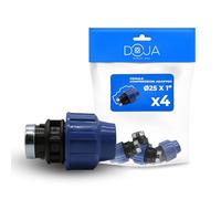 DOJA Barcelona Adaptador de Compresion Hembra PP Rosca - Pack 4-25x1" - Conector para Tuberia Polietileno Material Resistente - Instalacion Sencilla, Union Estanca, Evita Fugas, Riego Presion