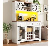 Dolamaní Aparador de cocina, armario buffet de 120 x 40 x 180 cm, armario alto con iluminación LED, 3 cajones, botellero y estantes ajustables empotrables, MDF, diseño moderno de puerta de armario