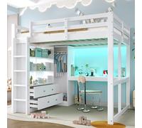 Dolamaní Cama alta de 140 x 200 cm con escritorio, mucho espacio de almacenamiento, 2 cajones y estantes, armario abierto, cuna con protección contra caídas, luz LED y USB (sin colchón) (blanco A)