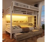 Dolamaní Cama alta de 90 x 200 cm, litera, 2 camas, marco de cama y somier de láminas en metal, cama de metal con 2 cajones, cesta de almacenamiento, luz LED, sin colchón (blanco)