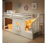 Dolamaní Cama infantil de 90 x 200 cm, madera de pino con LED, color blanco | Cama infantil de madera 90 x 200 cm con ventana y escalera de almacenamiento para niñas, sin colchón