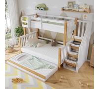 Dolamaní Litera 90 x 200 cm/120 x 200 cm Cama infantil, cuna con cama nido, espacio de almacenamiento, escalera, marco de madera de pino, blanco y natural, litera D