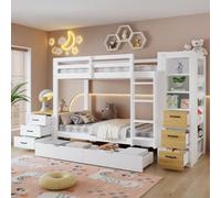 Dolamaní Litera de madera con 2 cajones, 90 x 200 cm, color blanco | Litera de madera para 2 personas con 2 cajones grandes, estante lateral de almacenamiento, cómoda de noche libre, sin colchón