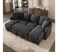 Dolamaní Sofá cama moderno en forma de U de 4 plazas, sofá cama extensible con función de dormir, 1 puerto USB y 1 puerto de carga tipo C, 2 cojines y espacio de almacenamiento, chenilla, 260 × 128 ×