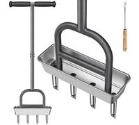 Dolibest Aireador de núcleo de césped, Herramienta de aireación de césped de Dientes Huecos, Mango Largo, taponador Manual de Suelo de jardín, 4 Puntas, Agarre Suave, con Bandeja de Almacenamiento de