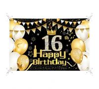 DOMINICK Decoracion de Fiesta de Oro Negro de 16 Cumpleaños,Banner de Fondo cumpleaños Oro Negro Cartel de Letrero de Tela Extra Grande Suministros de Fiesta de Feliz 16 Cumpleaños