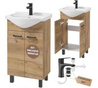 DomoDomo Armario de baño con Lavabo, 85 x 50 x 41 cm, Mueble de baño de pie y Armario bajo de Roble de 50 cm, Elegante Juego con Grifo, Color Negro Mate, tapón Clic-clac, sifón