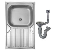 DomoDomo - Fregadero cocina 1 seno 80x50 sobre encimera satinado - fregadero cocina acero inoxidable moderno - fregadero con escurridor práctico - sifón fregadero cocina incluido