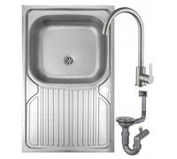 DomoDomo - Fregadero de cocina de acero inoxidable 80 x 50 cm - Fregadero de cocina con escurridor - Fregadero con juego de grifería - Fregadero de acero inoxidable con sifón