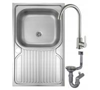 DomoDomo - Fregadero de cocina de acero inoxidable 80 x 50 - Fregadero de cocina con escurridor - Fregadero con juego de grifería - Fregadero con grifo y sifón