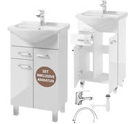 Conjunto de baño: mueble con lavabo de 50 cm blanco con grifo Mea y sifón.