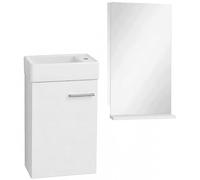 DomoDomo Pipo - Juego de muebles de baño con lavabo y espejo (40 cm) | Armario de lavabo colgante en color blanco brillante con lavabo de cerámica y estante de espejo, ideal para baños pequeños y