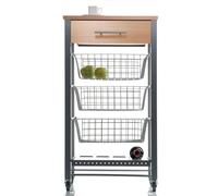 DON HIERRO - Carrito de cocina Diana con 3 cestas extraíbles, cajón y botellero - mueble auxiliar con ruedas en color inox y haya- 48 x 33 x 88.5 cm.