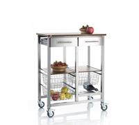 DON HIERRO - Carrito de cocina ONDA DOBLE - Con estructura color aluminium, 3 cestas metálicas, 2 cajones, encimera efecto madera de Cerezo- 71x43x91.5 cm.