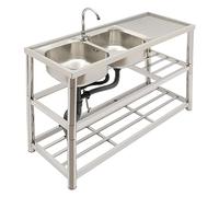 Donened Fregadero de cocina de 2 cuencos, fregadero individual independiente de 3 niveles, diseño de acero inoxidable, lavabo doble con grifo